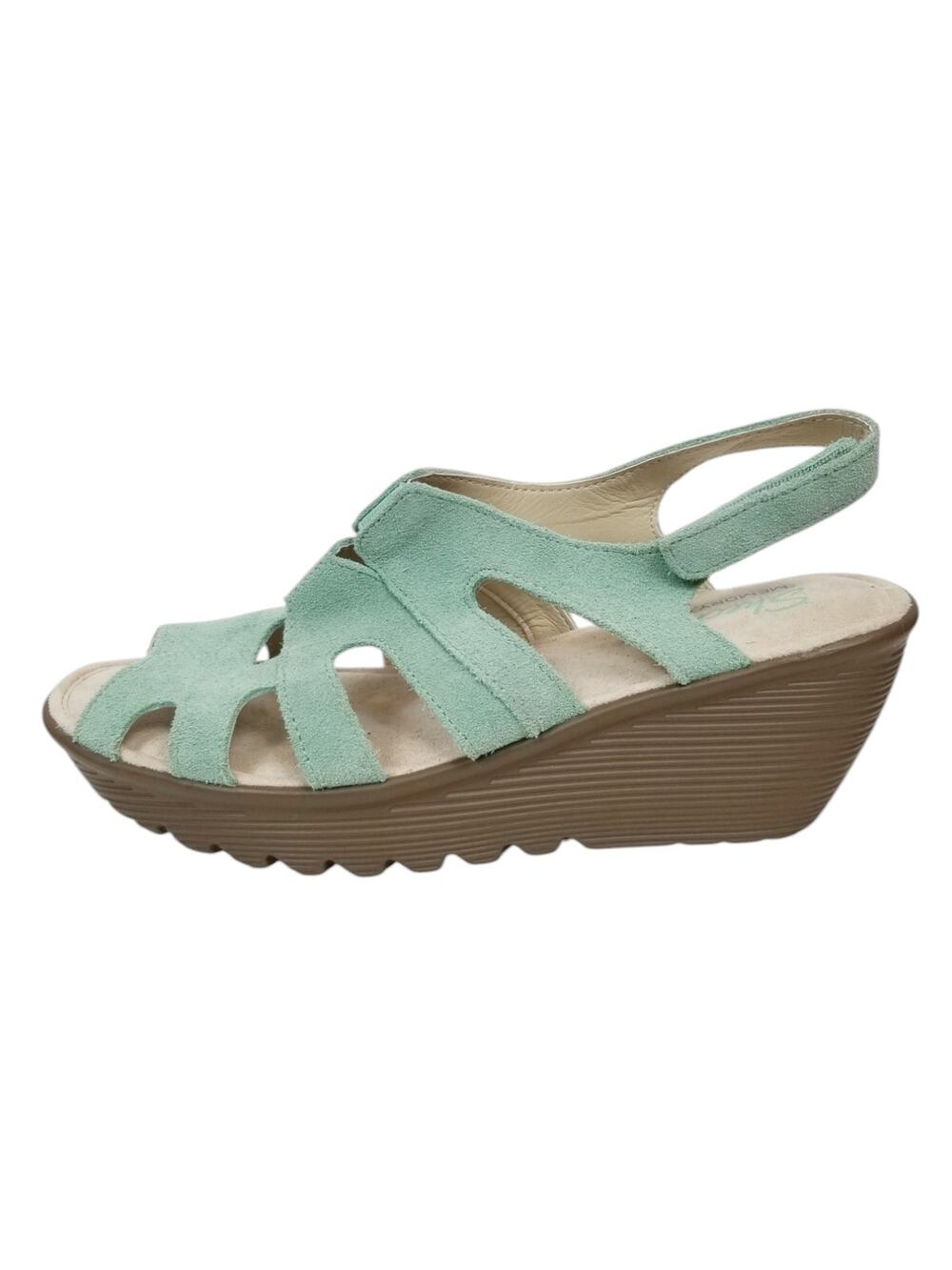 Skechers Womens Stylin Memory Foam Mint Green Wedge Heel Suede Sandals Size 8.5